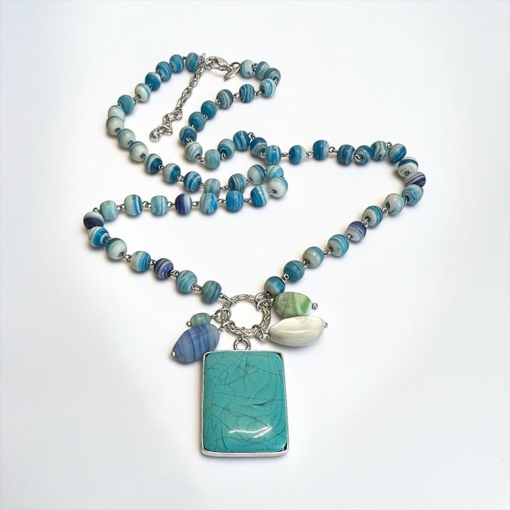 Chico's Beaded Statement Necklace Silver Tone Blue Green Faux Turquoise Pendant